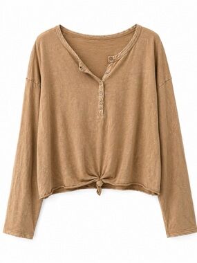 Women’s Aerie size M Long-Sleeve Distressed Neck Henley Tie-Front Top - Camel